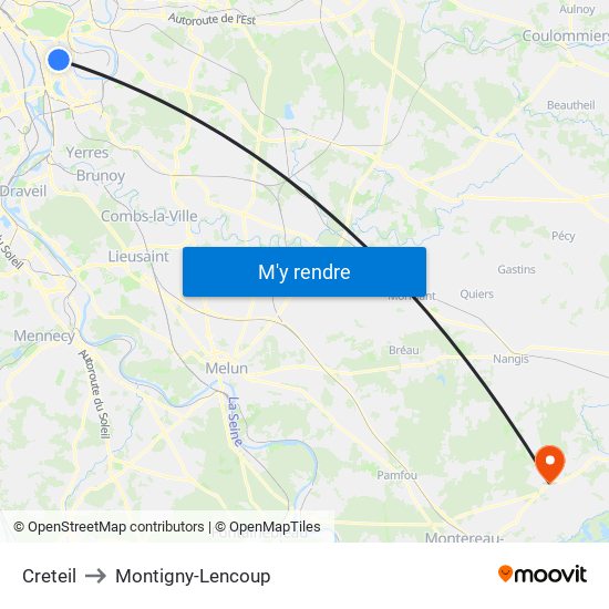 Creteil to Montigny-Lencoup map