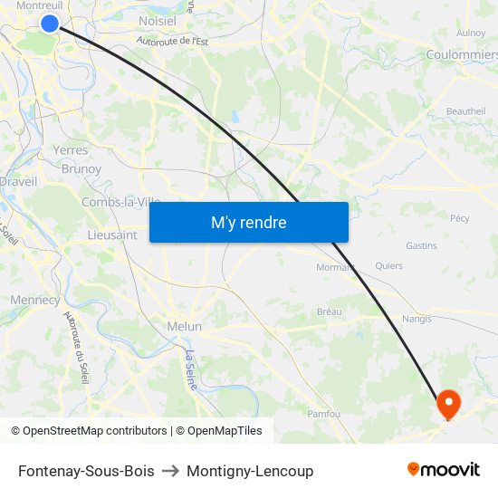 Fontenay-Sous-Bois to Montigny-Lencoup map