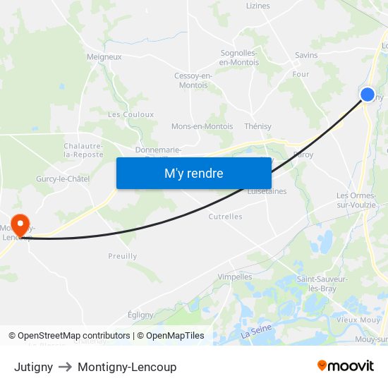 Jutigny to Montigny-Lencoup map