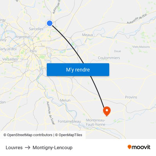 Louvres to Montigny-Lencoup map