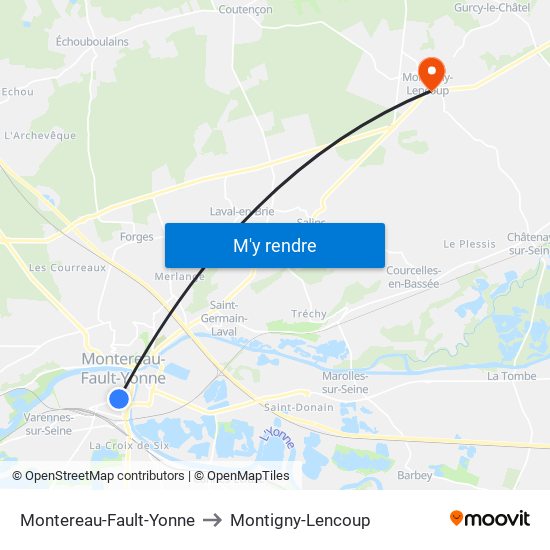 Montereau-Fault-Yonne to Montigny-Lencoup map