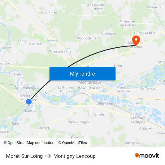 Moret-Sur-Loing to Montigny-Lencoup map