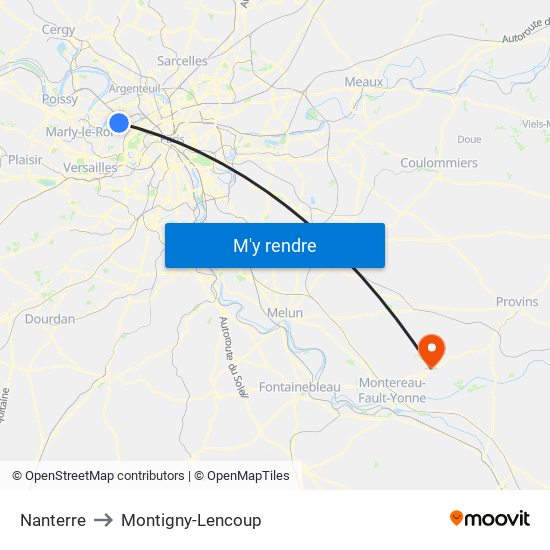 Nanterre to Montigny-Lencoup map