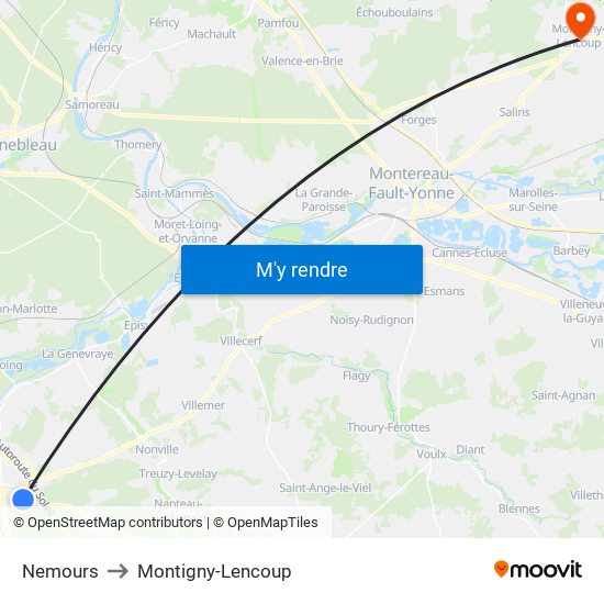 Nemours to Montigny-Lencoup map