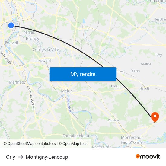 Orly to Montigny-Lencoup map