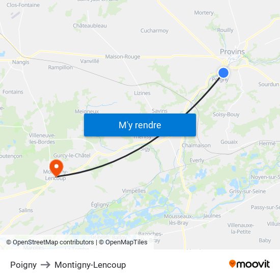 Poigny to Montigny-Lencoup map