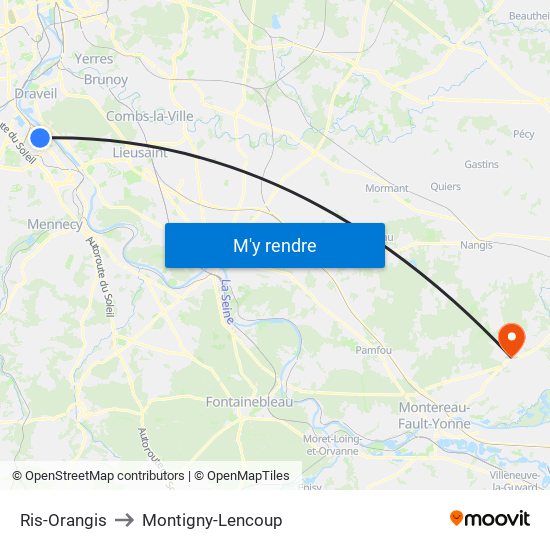 Ris-Orangis to Montigny-Lencoup map