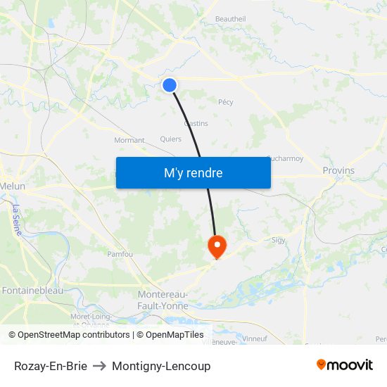 Rozay-En-Brie to Montigny-Lencoup map