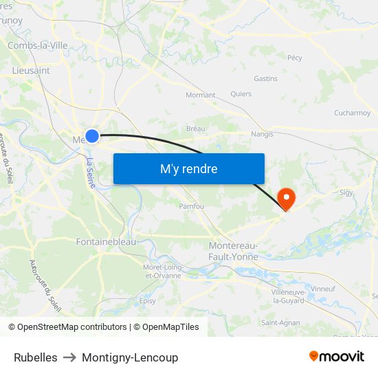 Rubelles to Montigny-Lencoup map
