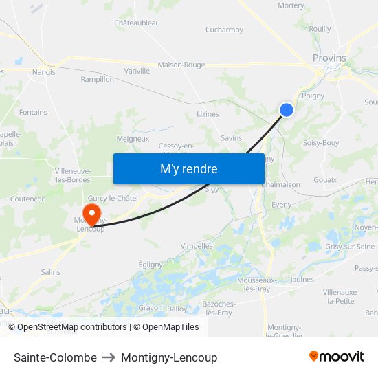 Sainte-Colombe to Montigny-Lencoup map