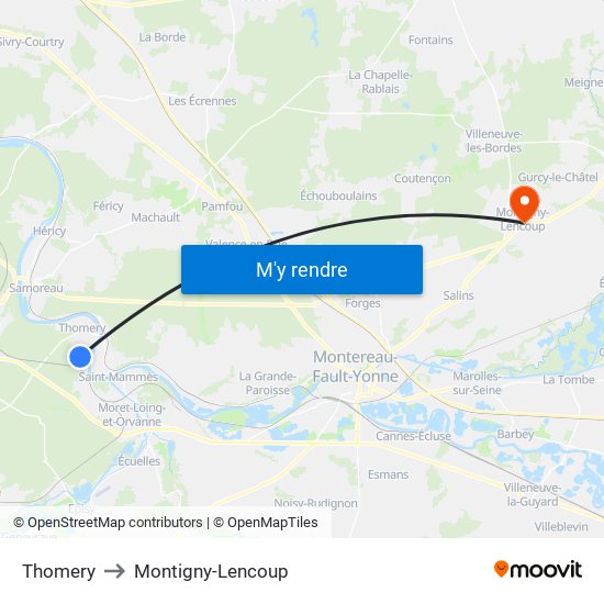Thomery to Montigny-Lencoup map