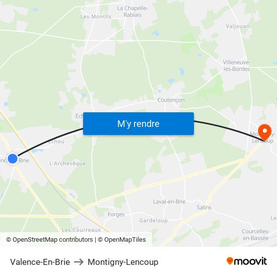 Valence-En-Brie to Montigny-Lencoup map