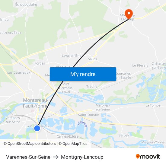 Varennes-Sur-Seine to Montigny-Lencoup map