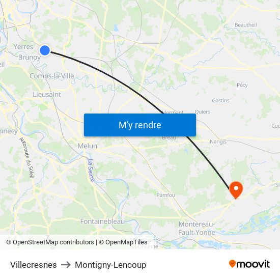Villecresnes to Montigny-Lencoup map