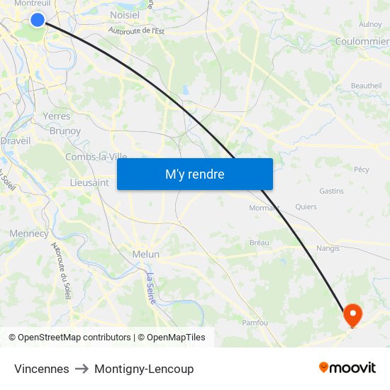 Vincennes to Montigny-Lencoup map