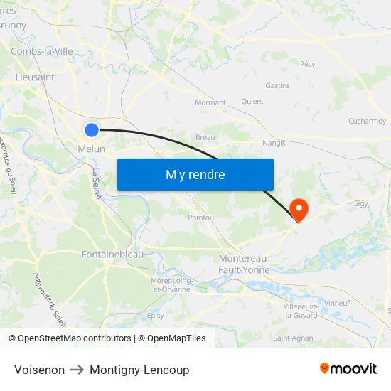 Voisenon to Montigny-Lencoup map