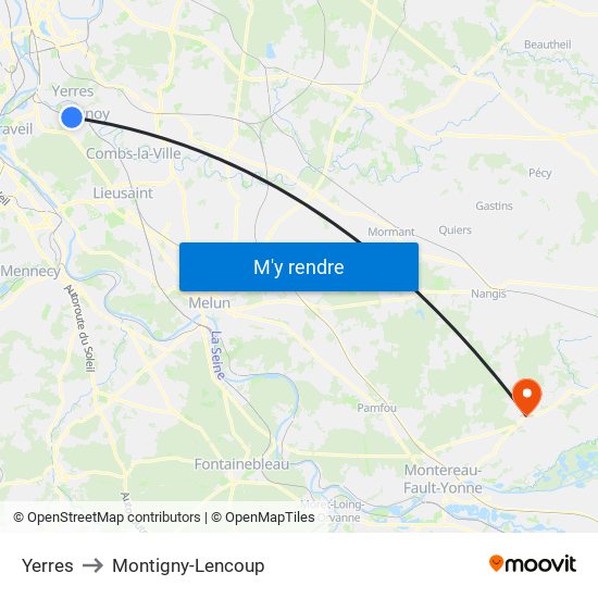 Yerres to Montigny-Lencoup map