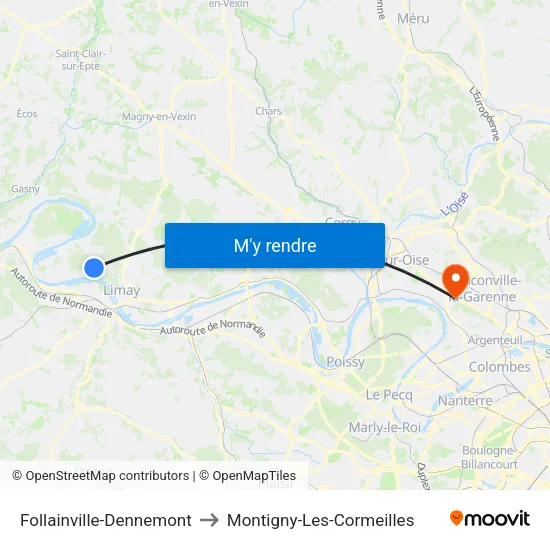 Follainville-Dennemont to Montigny-Les-Cormeilles map