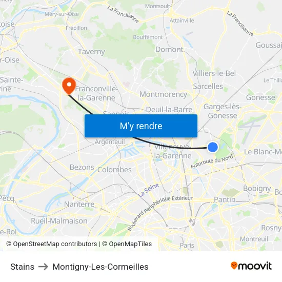 Stains to Montigny-Les-Cormeilles map