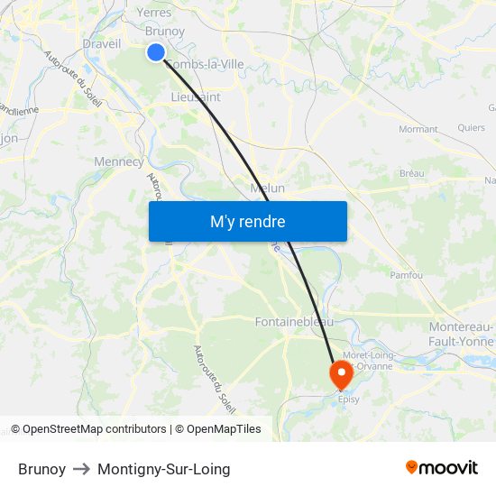 Brunoy to Montigny-Sur-Loing map