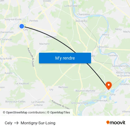 Cely to Montigny-Sur-Loing map