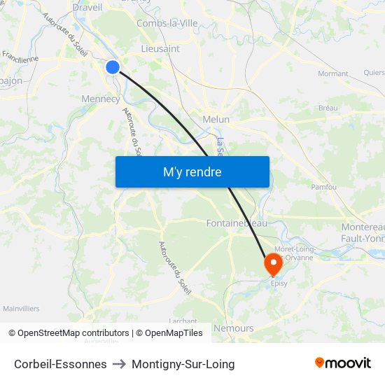 Corbeil-Essonnes to Montigny-Sur-Loing map