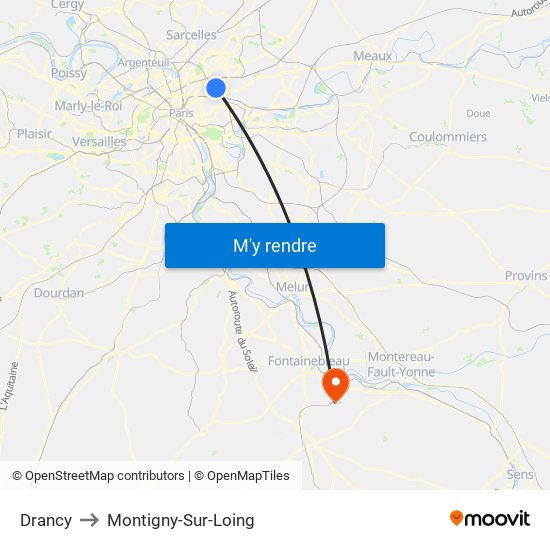 Drancy to Montigny-Sur-Loing map