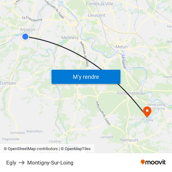 Egly to Montigny-Sur-Loing map