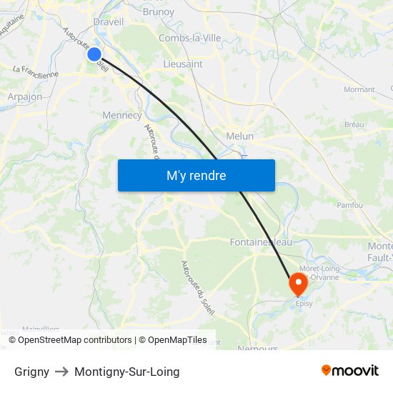 Grigny to Montigny-Sur-Loing map