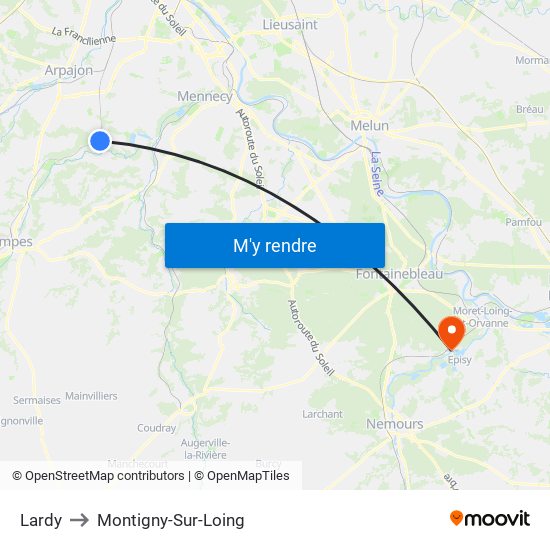 Lardy to Montigny-Sur-Loing map