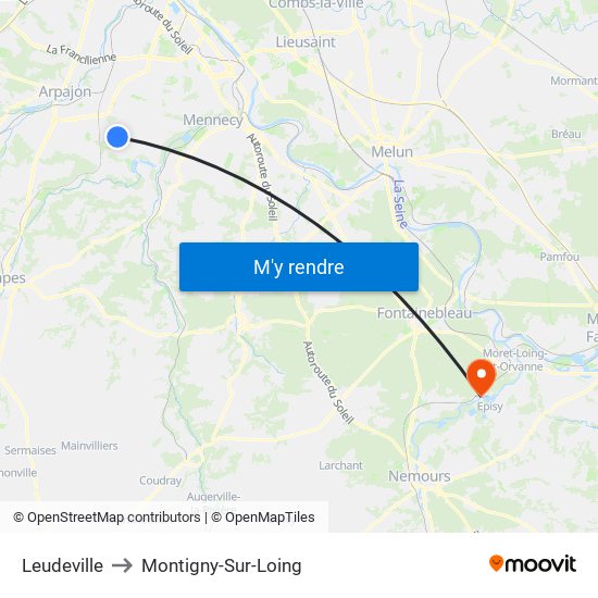 Leudeville to Montigny-Sur-Loing map