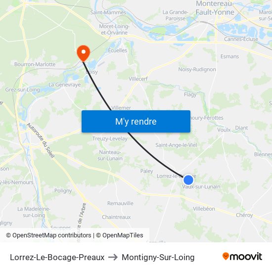 Lorrez-Le-Bocage-Preaux to Montigny-Sur-Loing map