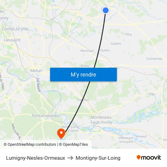 Lumigny-Nesles-Ormeaux to Montigny-Sur-Loing map