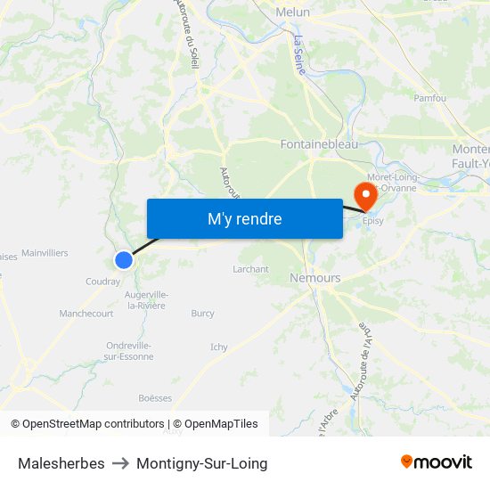 Malesherbes to Montigny-Sur-Loing map