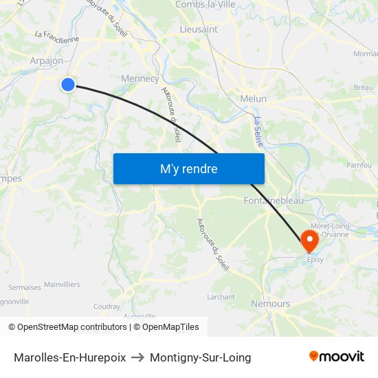 Marolles-En-Hurepoix to Montigny-Sur-Loing map