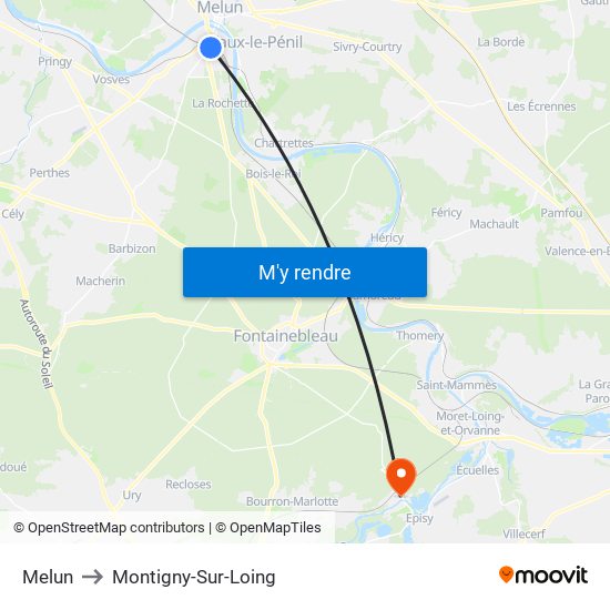 Melun to Montigny-Sur-Loing map
