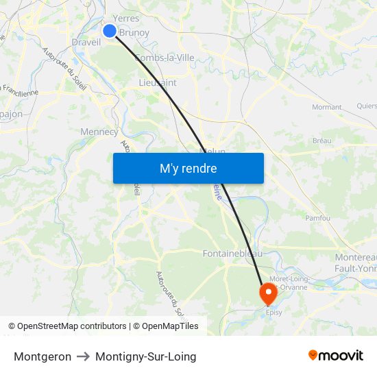 Montgeron to Montigny-Sur-Loing map