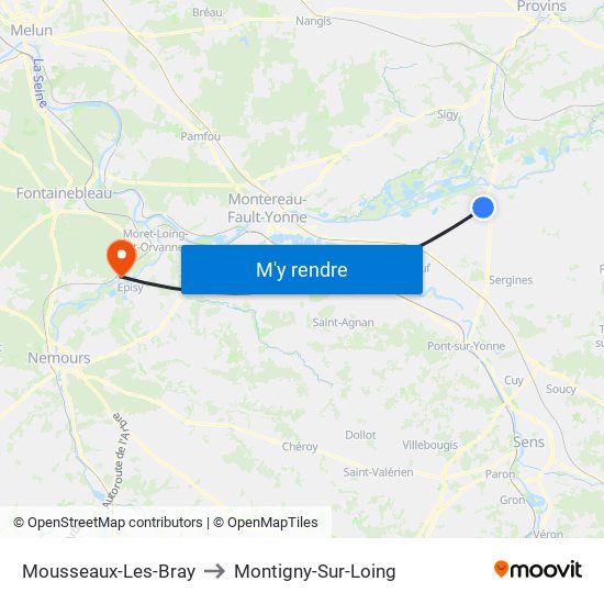 Mousseaux-Les-Bray to Montigny-Sur-Loing map