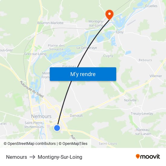 Nemours to Montigny-Sur-Loing map