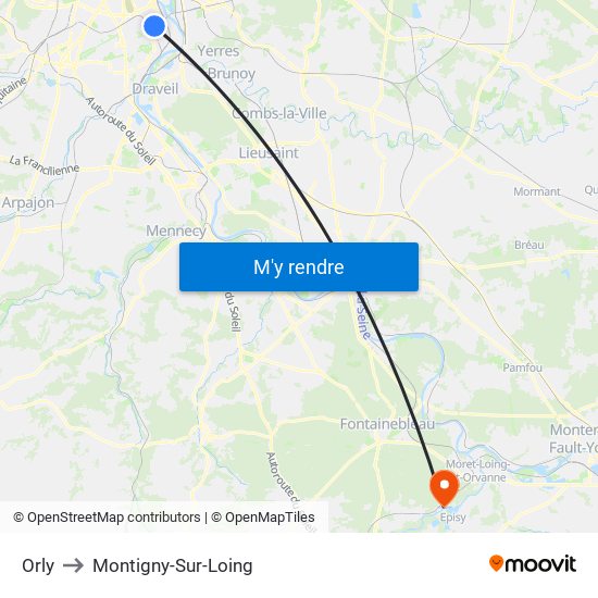 Orly to Montigny-Sur-Loing map