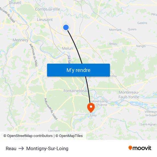 Reau to Montigny-Sur-Loing map