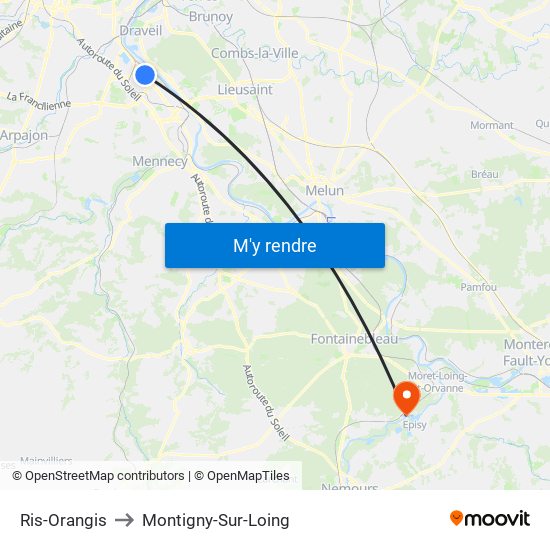 Ris-Orangis to Montigny-Sur-Loing map