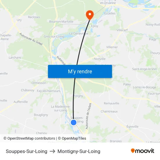 Souppes-Sur-Loing to Montigny-Sur-Loing map