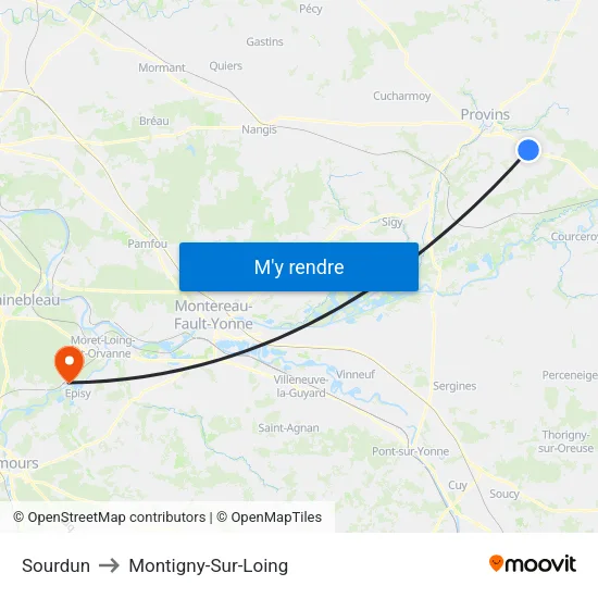 Sourdun to Montigny-Sur-Loing map