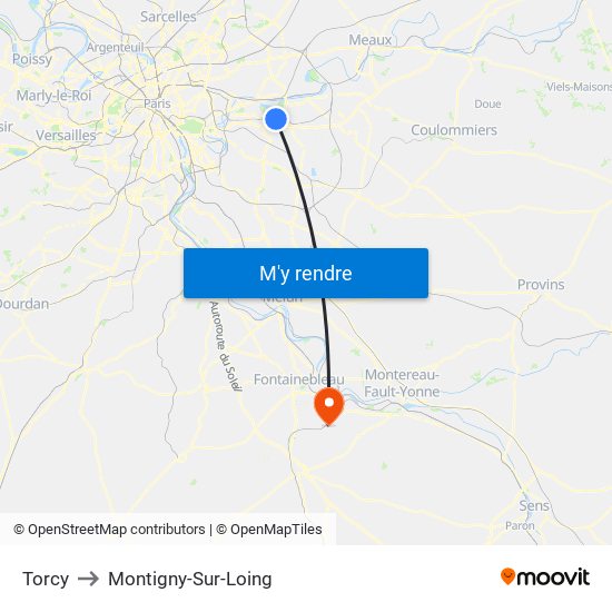 Torcy to Montigny-Sur-Loing map