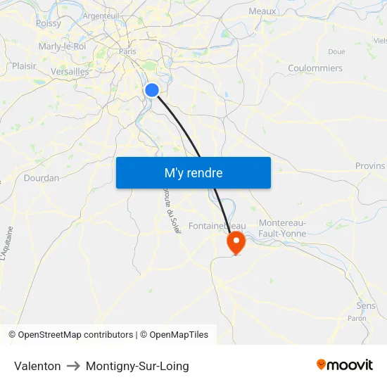 Valenton to Montigny-Sur-Loing map
