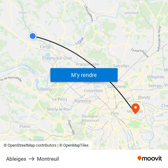 Ableiges to Montreuil map