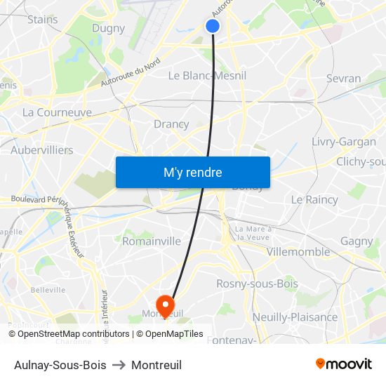 Aulnay-Sous-Bois to Montreuil map