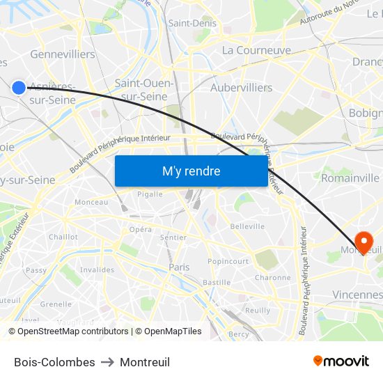 Bois-Colombes to Montreuil map