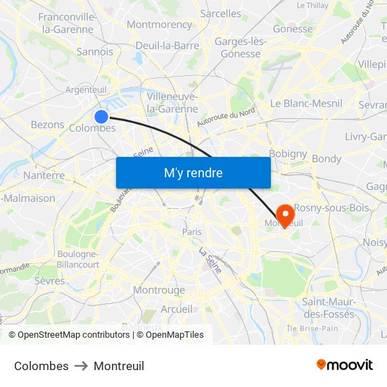 Colombes to Montreuil map